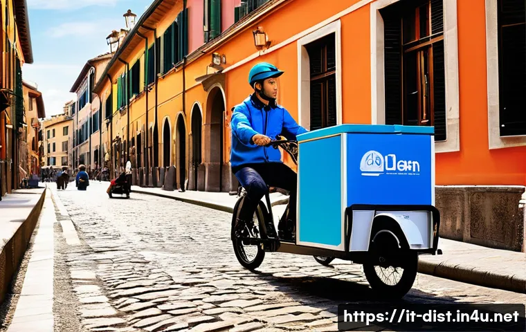 유통관리사 시험 문제 패턴 분석 - **Urban Last-Mile Delivery in a Historic Italian Setting**
    A vibrant, sunlit scene depicting eff...
