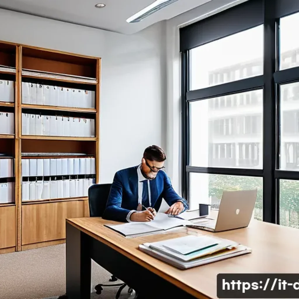 유통관리사 관련 법규 학습법 - A professional office scene illustrating a legal expert studying European distribution regulations: ...