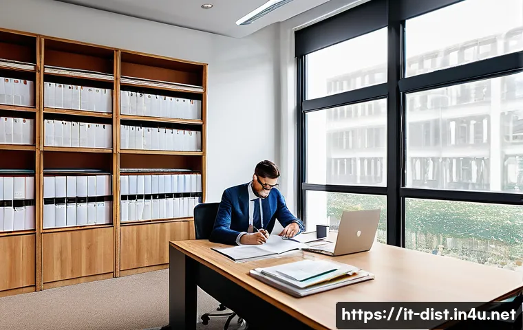 유통관리사 관련 법규 학습법 - A professional office scene illustrating a legal expert studying European distribution regulations: ...