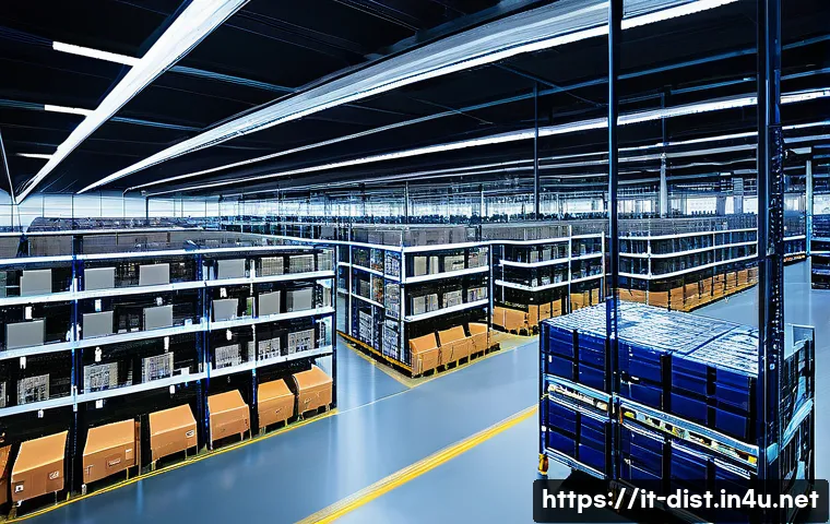 유통관리사 자격증으로 가능한 업종 - A modern large-scale automated warehouse interior showcasing advanced robotics and AI-driven picking...