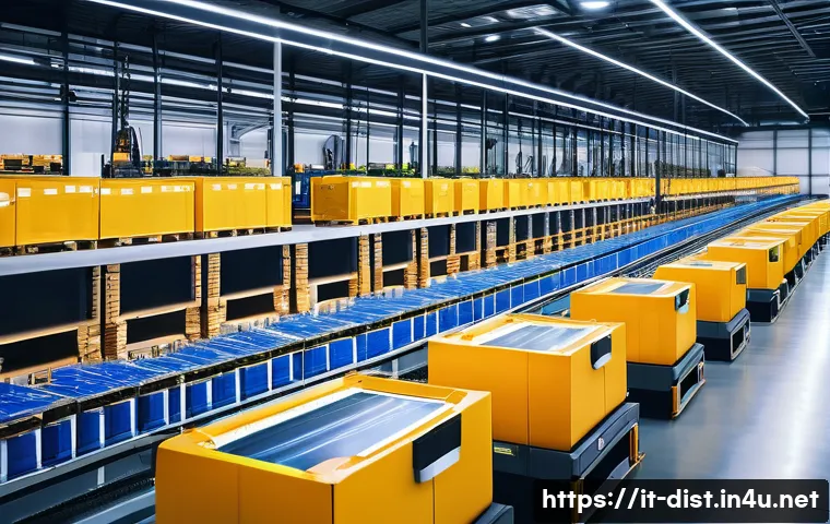 유통관리사 시험 과목별 중요 키워드 - A modern Italian warehouse interior showcasing advanced logistics technology: robotic automated pick...