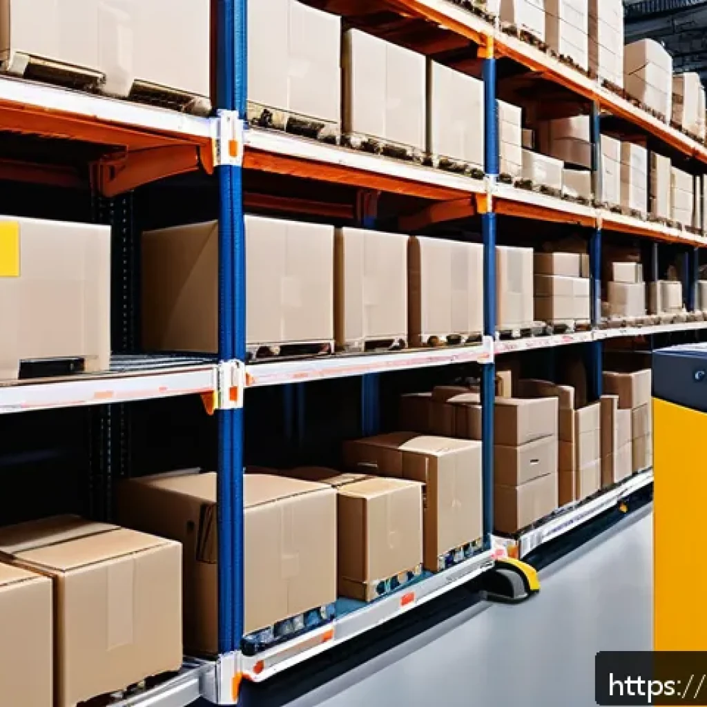 유통관리사 시험 난이도 분석 - A modern warehouse interior showcasing advanced automated systems: robotic arms picking and sorting ...