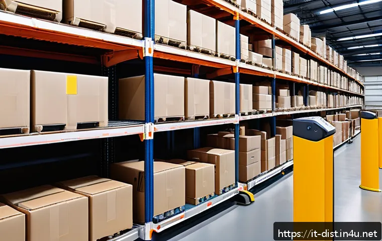유통관리사 시험 난이도 분석 - A modern warehouse interior showcasing advanced automated systems: robotic arms picking and sorting ...