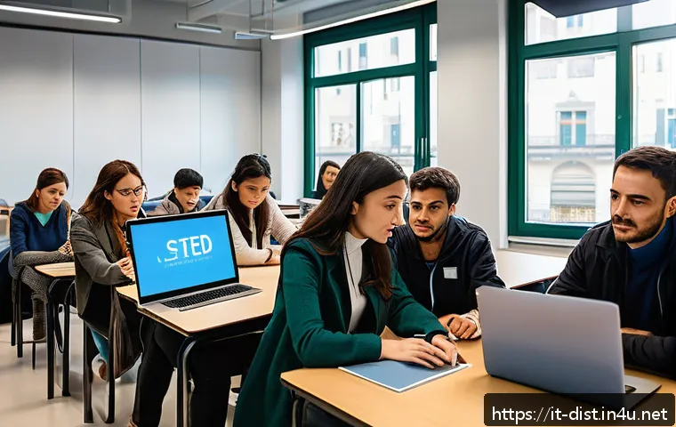 유통관리사 시험 난이도 조정 이슈 - A modern Italian classroom setting with diverse adult students attentively participating in a logist...