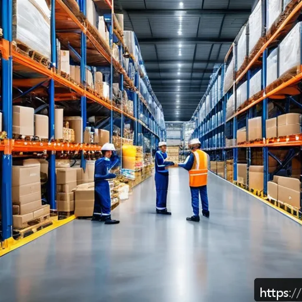 유통관리사 취업 성공 팁 - A modern Italian warehouse interior bustling with activity: workers wearing professional uniforms an...