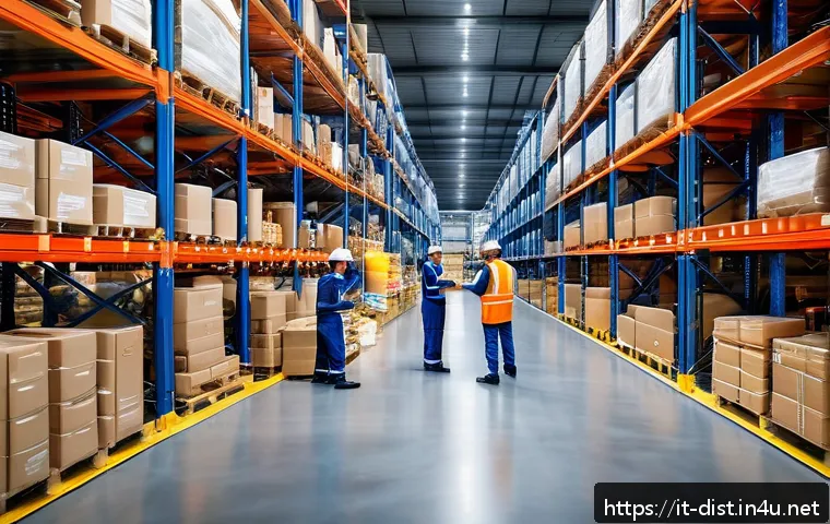유통관리사 취업 성공 팁 - A modern Italian warehouse interior bustling with activity: workers wearing professional uniforms an...