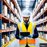 Home 22 유통관리사와 글로벌 유통시장 이해 - A modern, high-tech warehouse interior featuring automated robotic arms and drones efficiently picki...