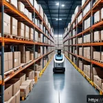 Home 20 유통관리사 최신 시험 동향 - A modern logistics warehouse scene in Italy featuring autonomous mobile robots and automated picking...