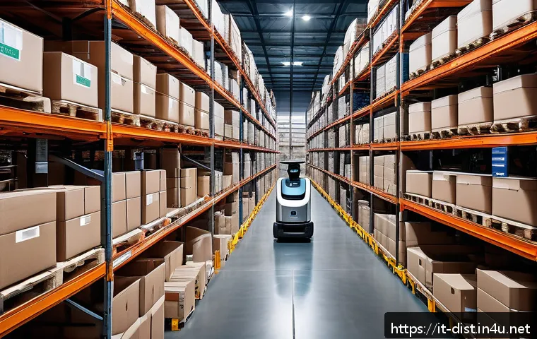 유통관리사 최신 시험 동향 - A modern logistics warehouse scene in Italy featuring autonomous mobile robots and automated picking...