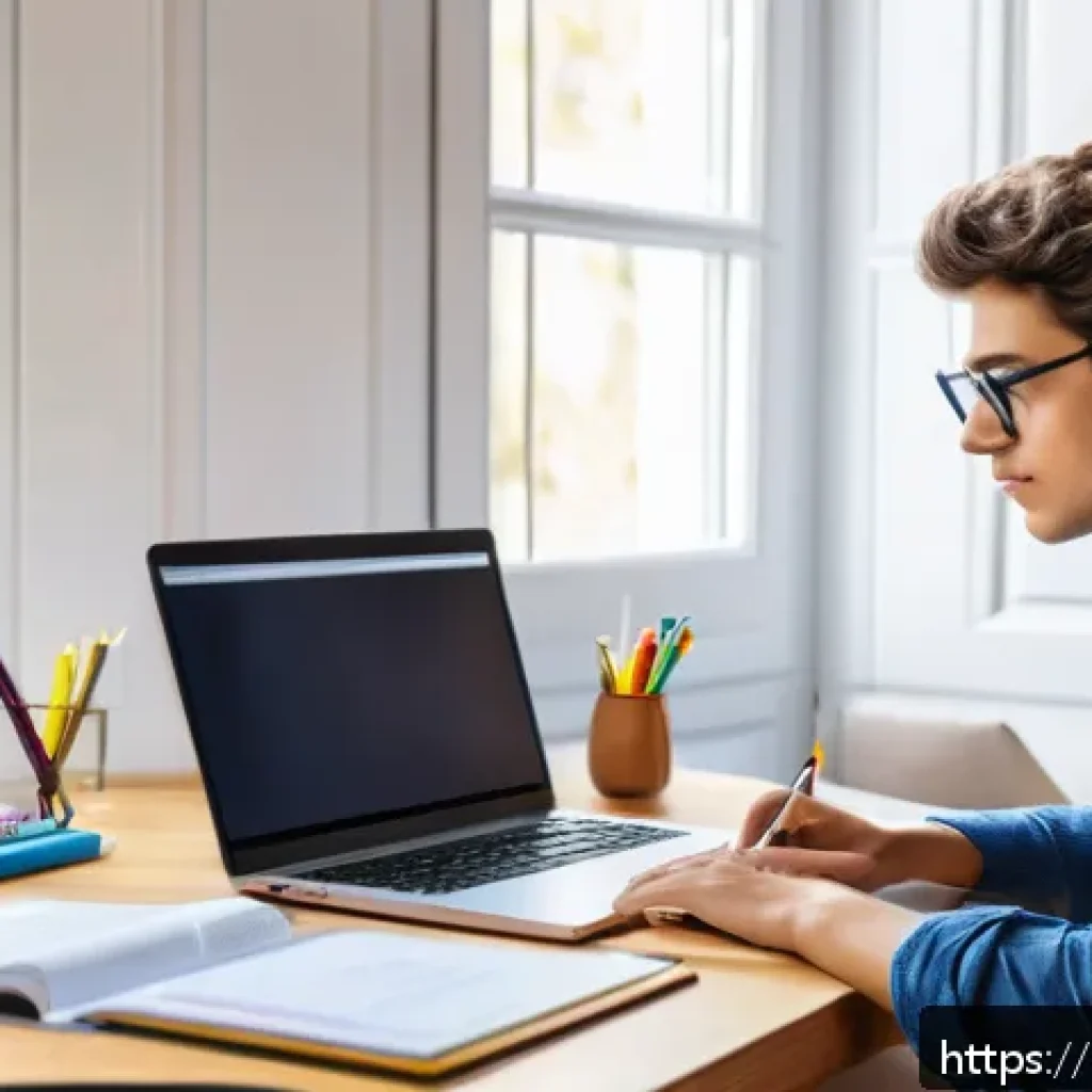 유통관리사 시험 합격 비결 - A focused young adult studying at a tidy desk in a bright Italian-style home office, surrounded by t...