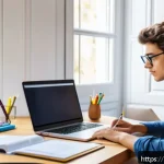 Home 19 유통관리사 시험 합격 비결 - A focused young adult studying at a tidy desk in a bright Italian-style home office, surrounded by t...