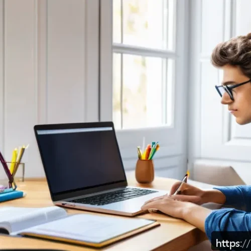 Home 31 유통관리사 시험 합격 비결 - A focused young adult studying at a tidy desk in a bright Italian-style home office, surrounded by t...