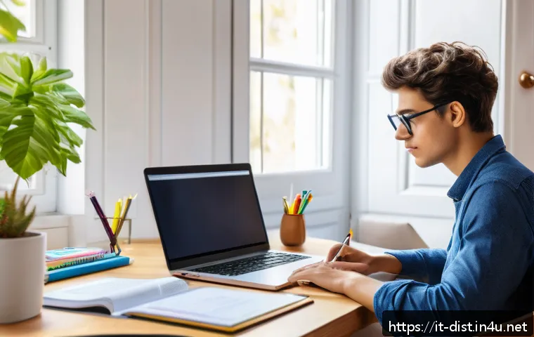 유통관리사 시험 합격 비결 - A focused young adult studying at a tidy desk in a bright Italian-style home office, surrounded by t...