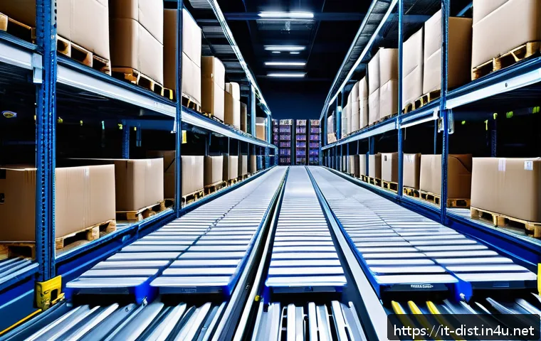 유통관리사와 전자상거래 이해 - A highly advanced automated warehouse interior in Italy, featuring sleek robotic arms and intelligen...