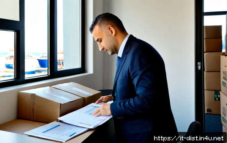 유통관리사 자격증으로 가능한 무역 업무 - Photorealistic Italian export logistics specialist reviewing shipment documents beside a laptop and ...
